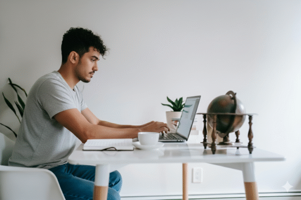 شاب يتعلم الذكاء الاصطناعي عبر الإنترنت عام 2025 باستخدام الحاسوب المحمول.