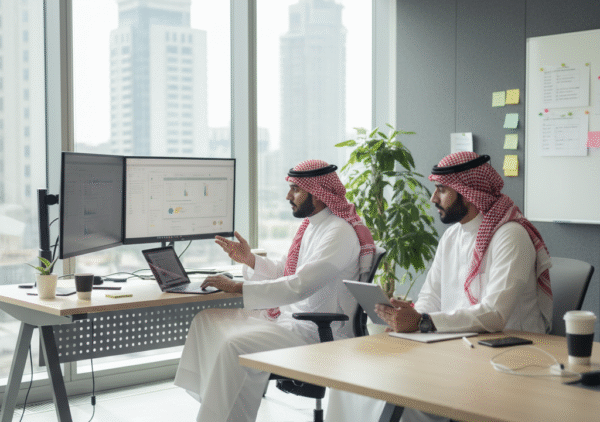 البحث عن عمل عن بُعد من السعودية رجلان سعوديان يعملان عن بعد في مكتب حديث