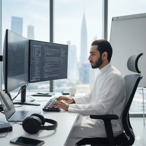 مبرمج سعودي يعمل على تطوير البرمجيات ضمن الوظائف المطلوبة في القطاع الخاص 2025.